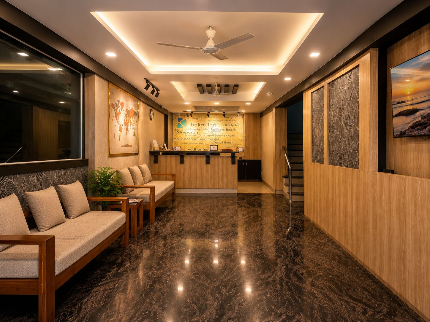Reception lobby with wooden panelling and seating